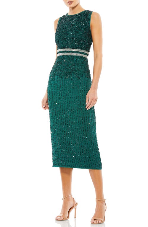 Mac Duggal Sleeveless High Neck Beaded Midi Sheath Dress In Deep Emerald