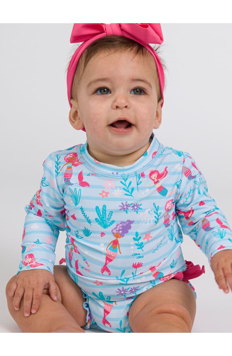 RuffleButts Baby Girls Mermaid Long Sleeve UPF50+ One Piece Rash Guard, Alternate, color, Blue Mermaid Princess