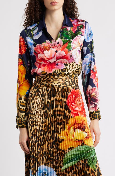 The Madeline Sahara Desert Print Silk Blend Satin Button-Up Shirt