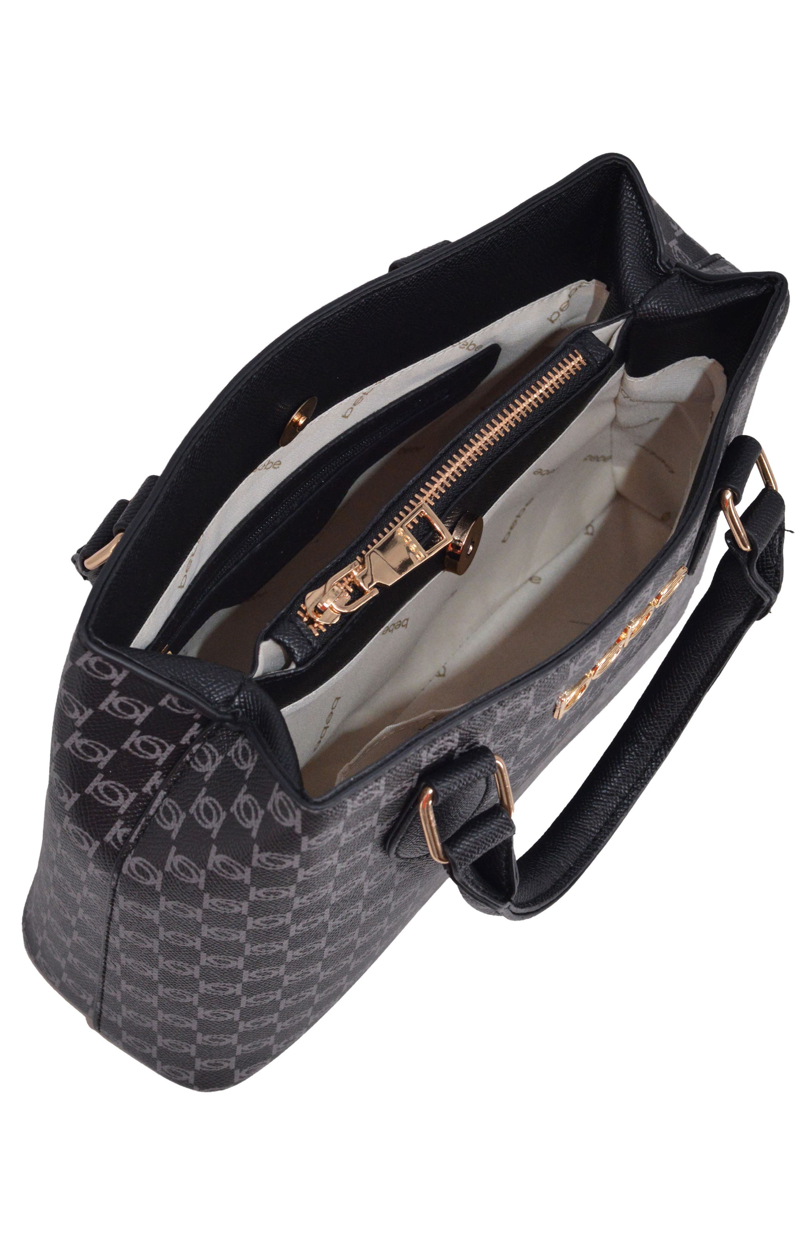 bebe Adela Small Monogram Satchel with Wallet, Alternate, color, Black