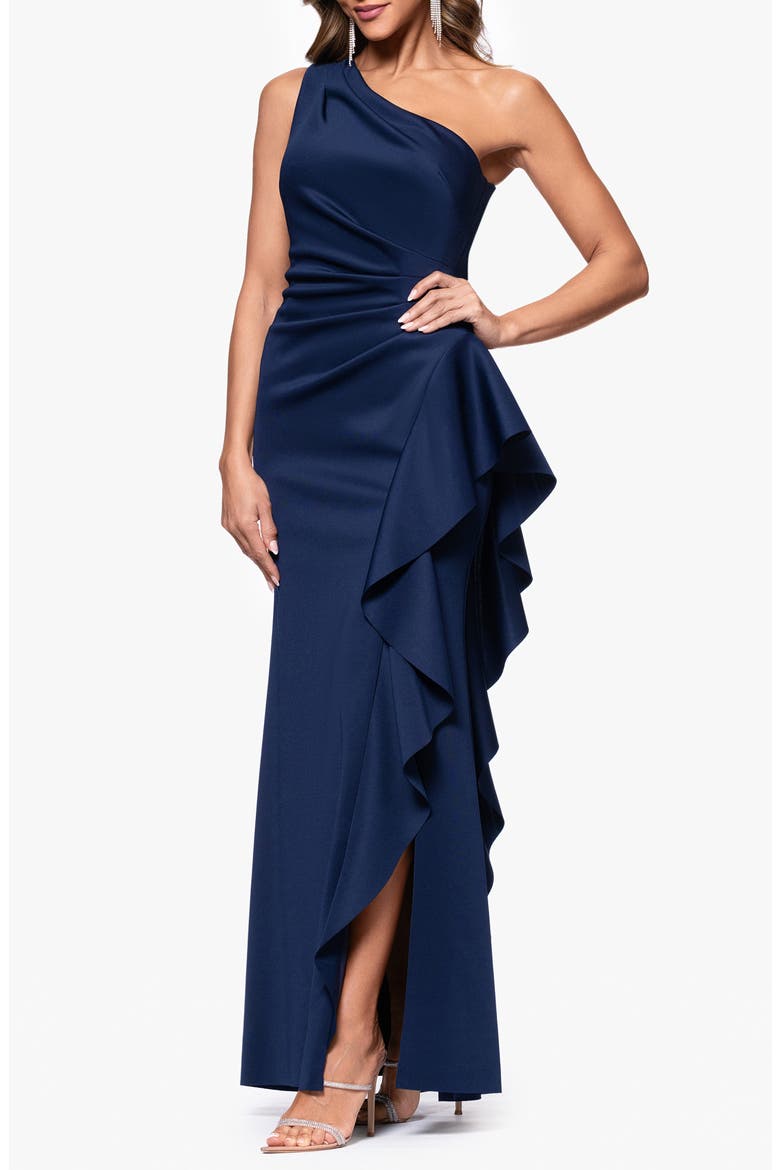 One-Shoulder Ruffle Scuba Crepe Gown, Alternate, color, MIDNIGHT