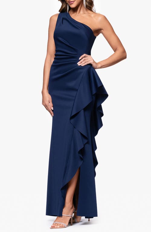 Xscape Evenings One-shoulder Ruffle Scuba Crepe Gown In Midnight