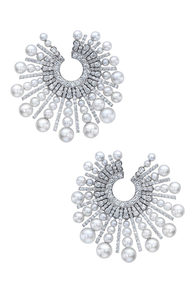 Akoya Pearl & Diamond Spoke Earrings, Main, color, 18K WHITE GOLD
