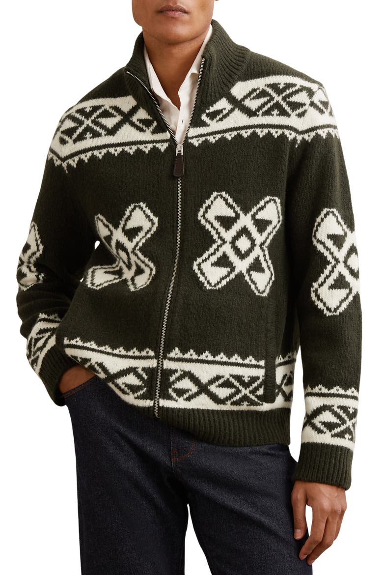 Hans Pattern Zip-Up Cardigan, Main, color, FOREST GREEN