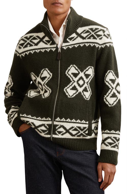 Reiss Forest Green Wool-blend Fair Isle Zip Jumper In Gray