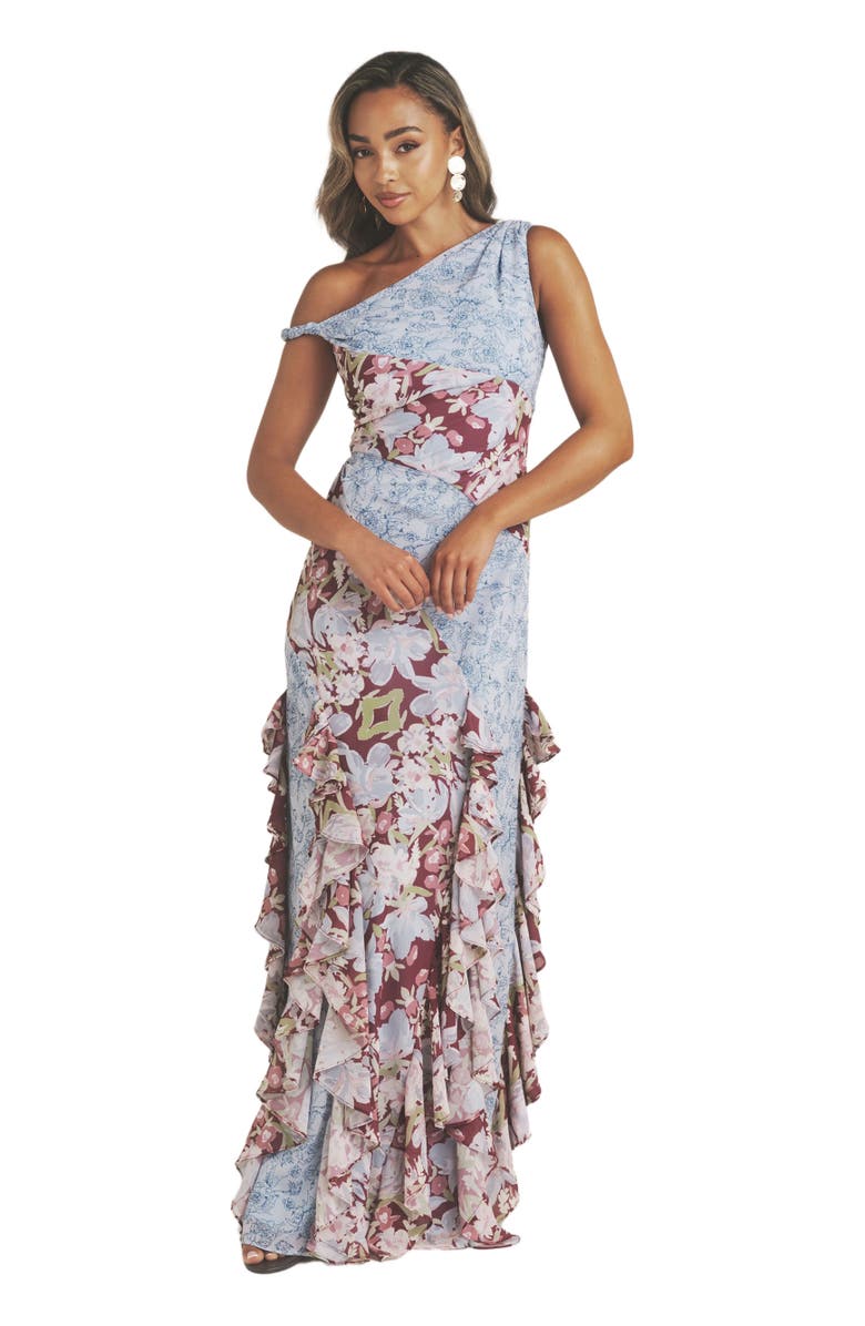 Six Stories Floral Print Twist Detail Ruffle Dress, Main, color, Pale Blue