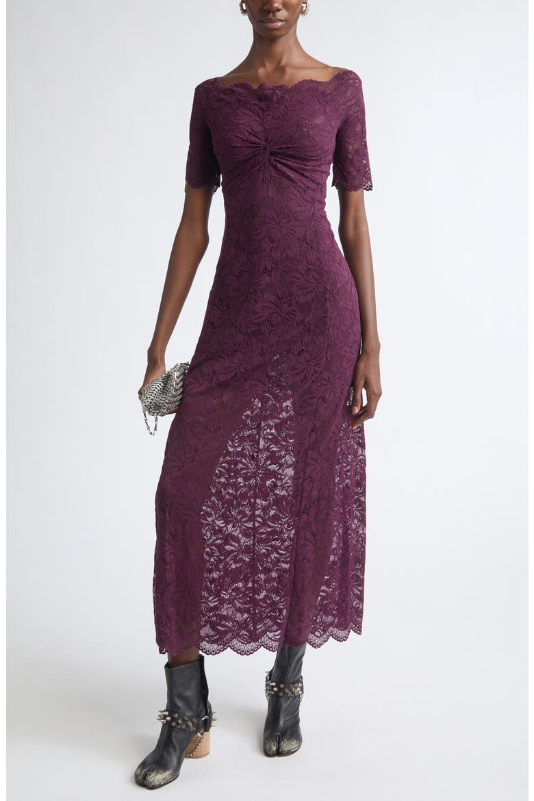 Off the Shoulder Stretch Lace Maxi Dress, Main, color, MAGENTA PURPLE