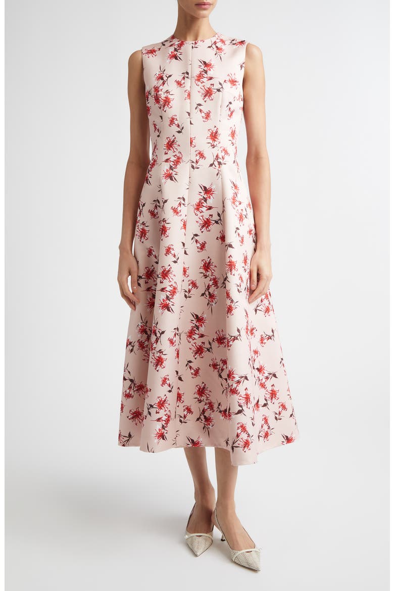 Mara Floral Sleeveless A-Line Faille Midi Dress, Main, color, SUMMER LILLIES RED ON PINK
