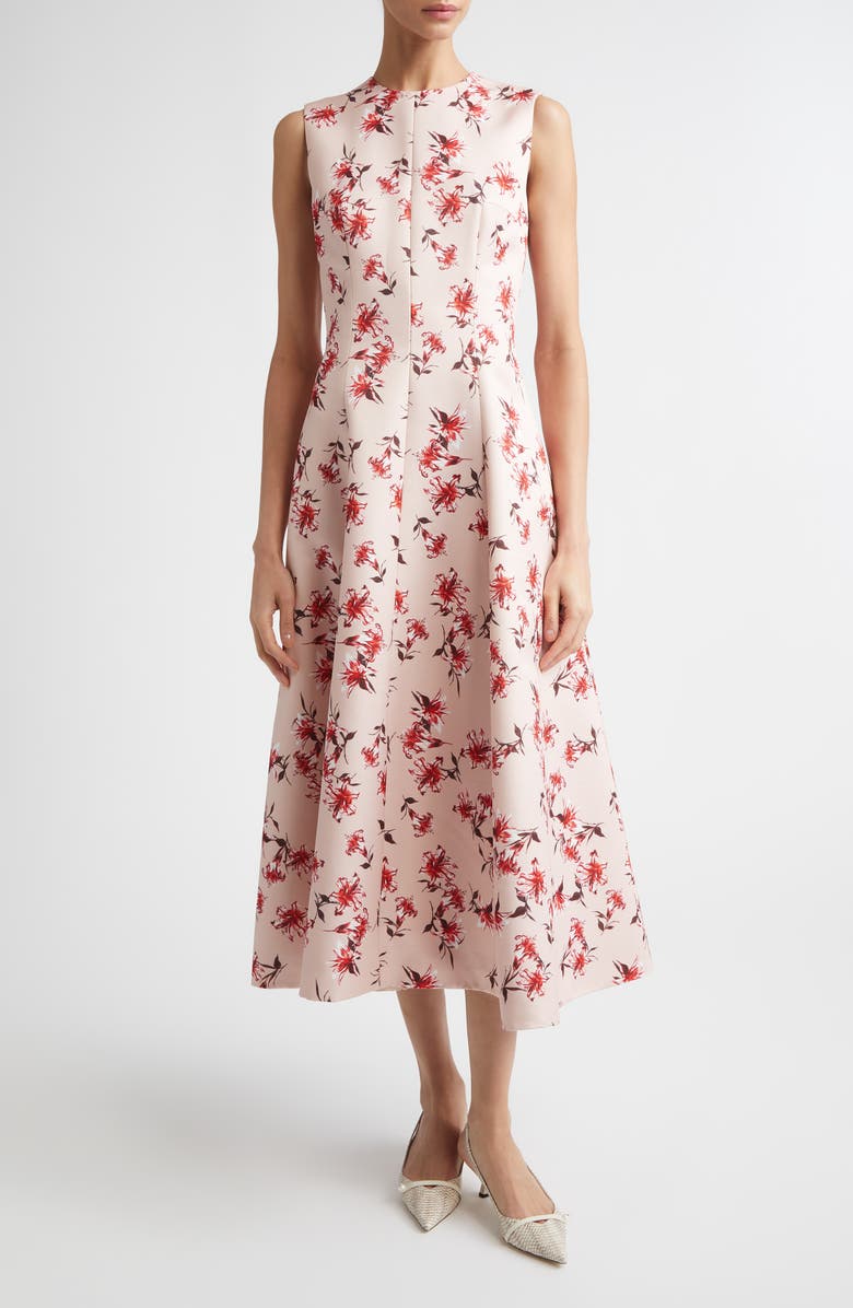 Emilia Wickstead Mara Floral Sleeveless A-Line Faille Midi Dress, Main, color, Summer Lillies Red On Pink