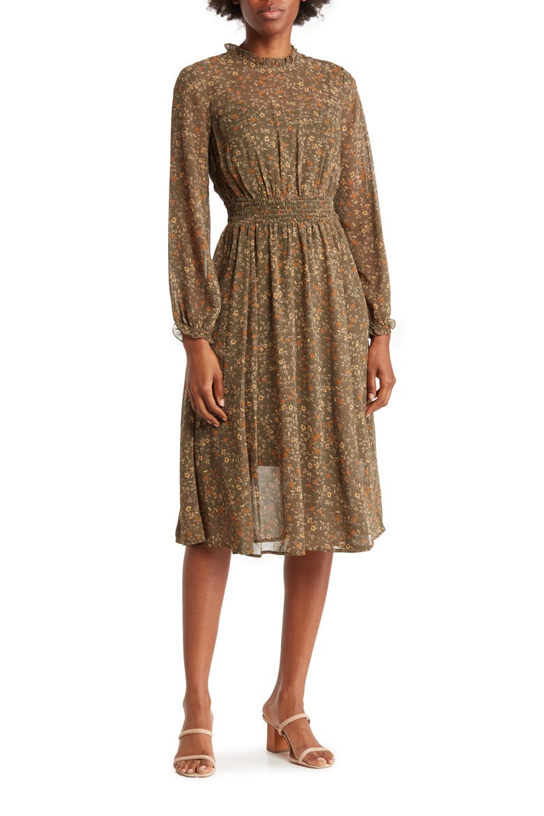 Ruffle Neck Midi Dress, Main, color, LUGGAGE MULTI
