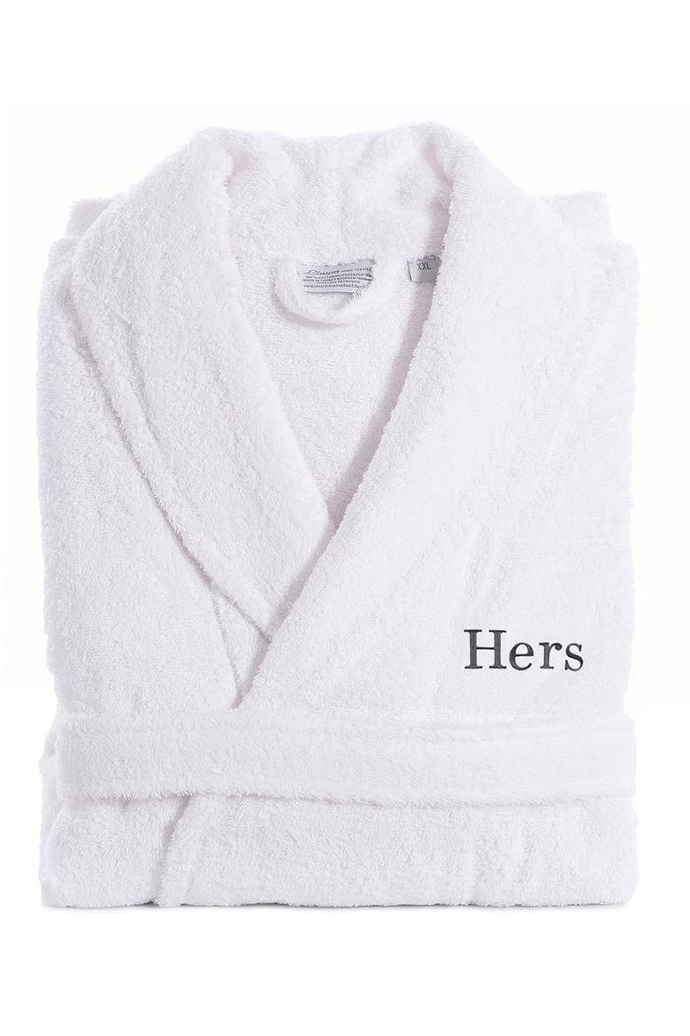 Embroidered 'Hers' Terry Bathrobe, Alternate, color, WHITE