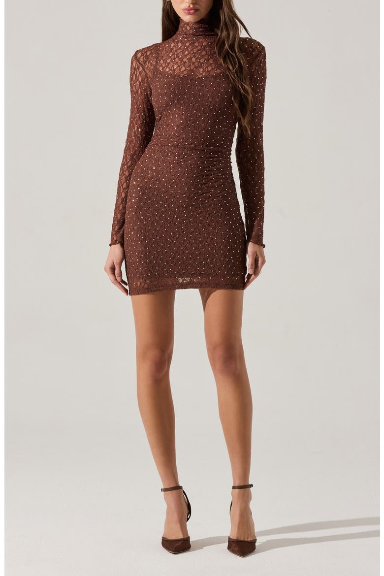 Kourtney Mock Neck Lace Long Sleeve Minidress, Alternate, color, BROWN