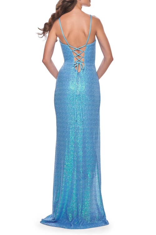 La Femme Bustier Sequin Neon Prom Dress With Lace Up Back In Aqua