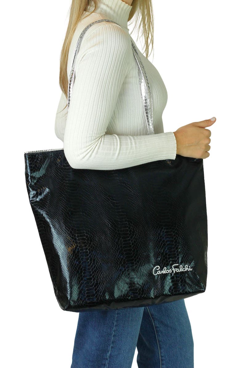 Carlos Falchi Vegan Python Large Tote with Convertible Pouch, Alternate, color, Black