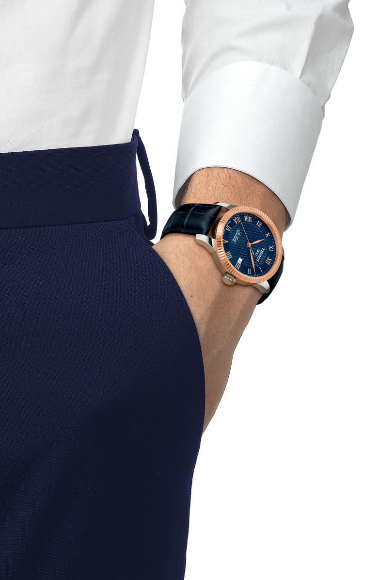 Tissot Le Locle Powermatic 80 Leather Strap Watch, 39.3mm, Alternate, color, Blue