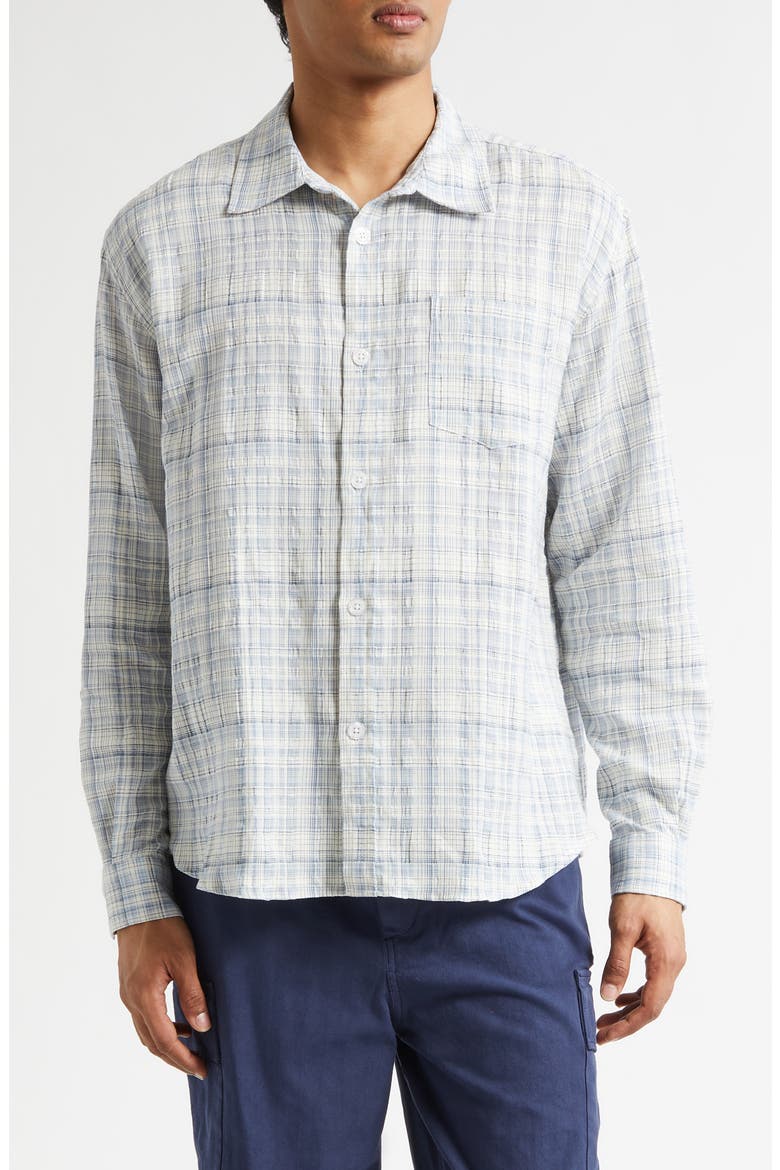 Plaid Wrinkle Cotton & Linen Blend Button-Up Shirt, Main, color, SKY BLUE