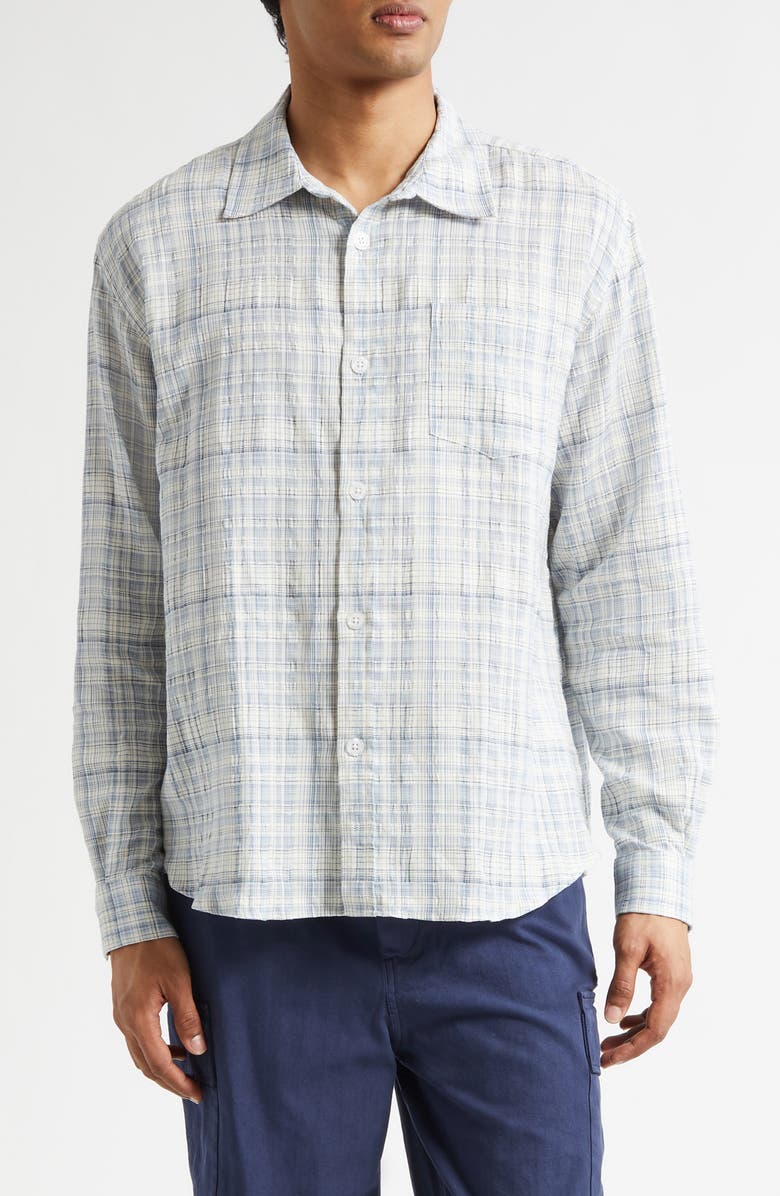 PALMES Plaid Wrinkle Cotton & Linen Blend Button-Up Shirt, Main, color, Sky Blue