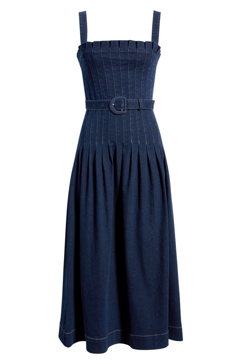 Pleated Belted Cotton Blend Denim Midi Dress, Alternate, color, INDIGO