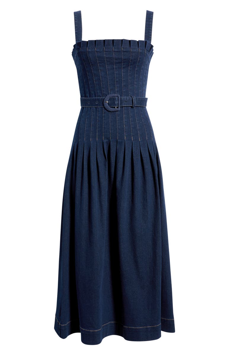 MOON RIVER Pleated Belted Cotton Blend Denim Midi Dress, Main, color, Indigo