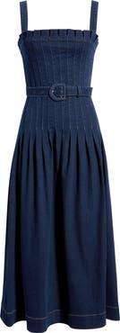 MOON RIVER Pleated Belted Cotton Blend Denim Midi Dress