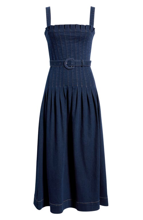 Moon River Pleated Belted Cotton Blend Denim Midi Dress In Purple