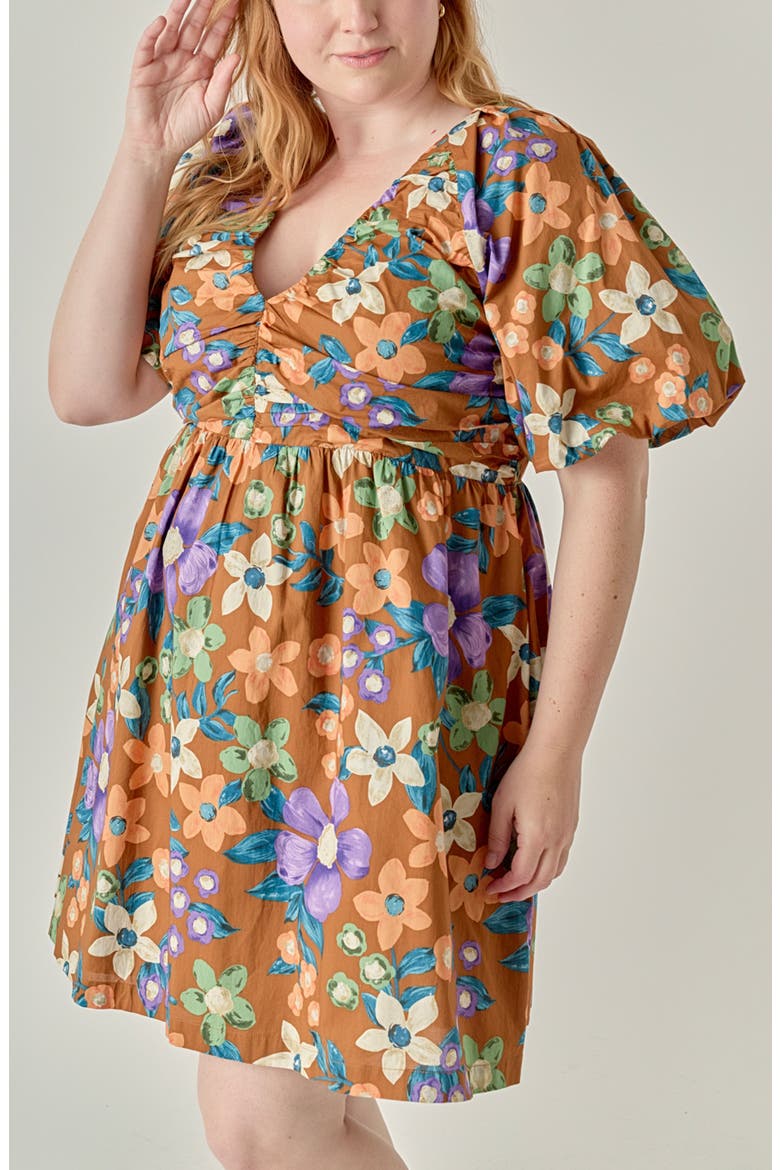 Floral Puff Sleeve Minidress, Alternate, color, BROWN MULTI
