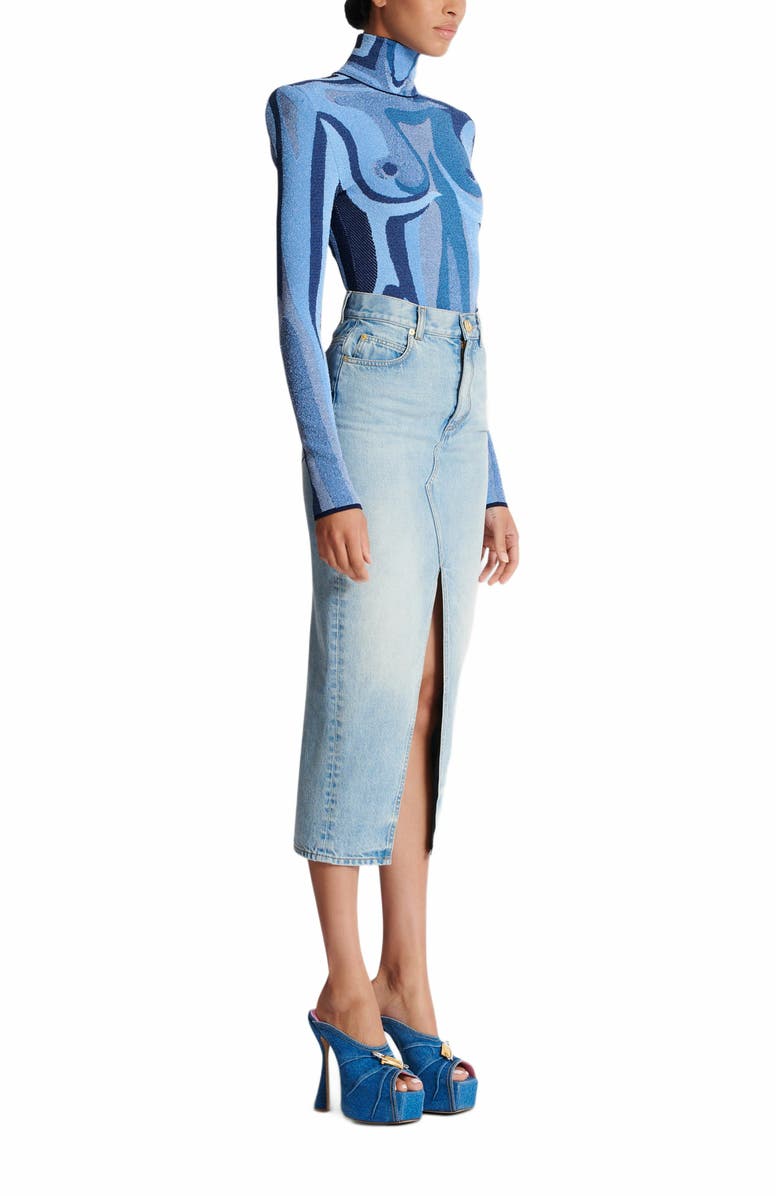 Balmain Denim Midi Skirt, Alternate, color, Blue