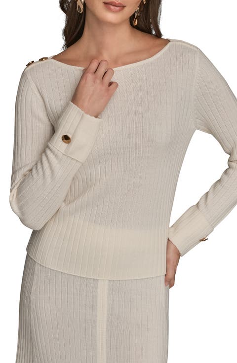 Button Shoulder Boat Neck Rib Sweater