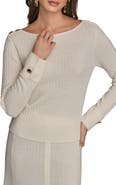 Donna Karan New York Button Shoulder Boat Neck Rib Sweater
