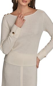 Donna Karan New York Button Shoulder Boat Neck Rib Sweater