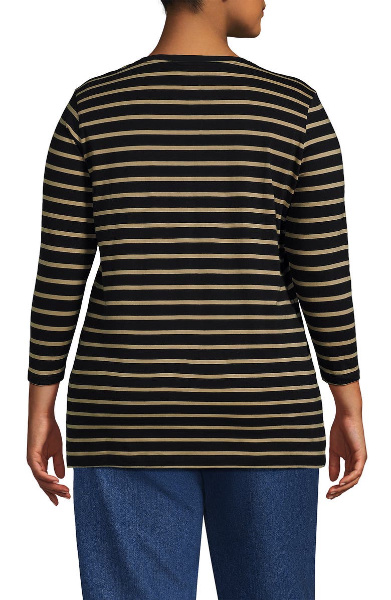 Lands' End 3/4 Sleeve Cotton Supima Tunic, Alternate, color, Black/Almond Tan Breton Stripe