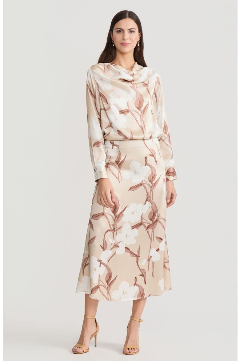 Draped Neck Floral Print Silk Blouse, Alternate, color, Biscotti/Charmeuse