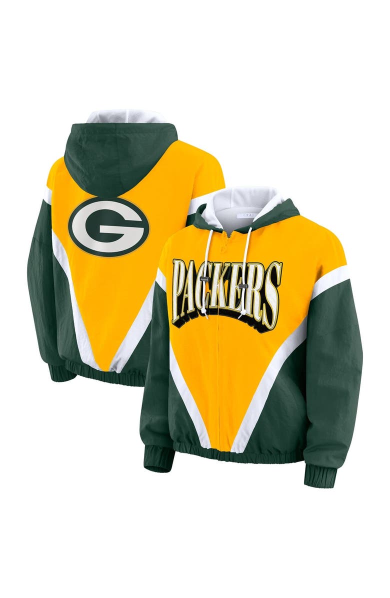 WEAR by Erin Andrews Women's WEAR by Erin Andrews Gold/Green Green Bay Packers Retro Crinkle Full-Zip Hoodie Windbreaker, Main, color, Gold