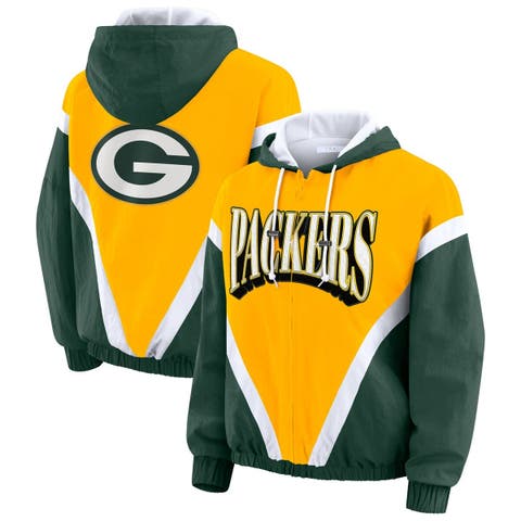 Women's WEAR by Erin Andrews Gold/Green Green Bay Packers Retro Crinkle Full-Zip Hoodie Windbreaker