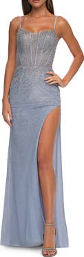 La Femme Fitted Net Dress with Rhinestones and U Slit