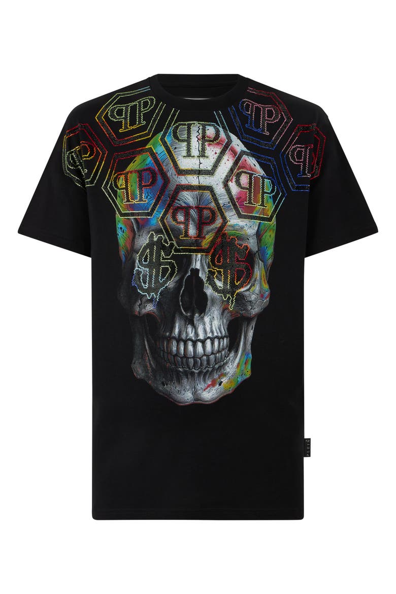 Round Neck T-Shirt Multicolor Skull Monogram Men, Main, color, black