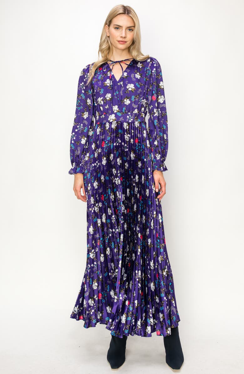 MELLODAY Floral Long Sleeve Pleat Satin Dress, Alternate, color, 