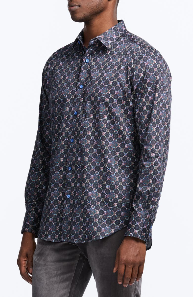Robert Graham Bramston Mosaic Print Stretch Cotton Button-Up Shirt, Alternate, color, Black