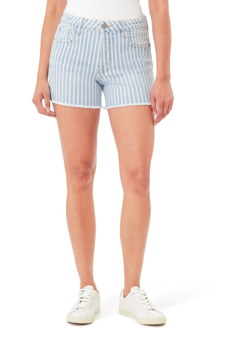Rivet Frayed Hem Denim Shorts, Main, color, HAMPTON STRIPE MELTON
