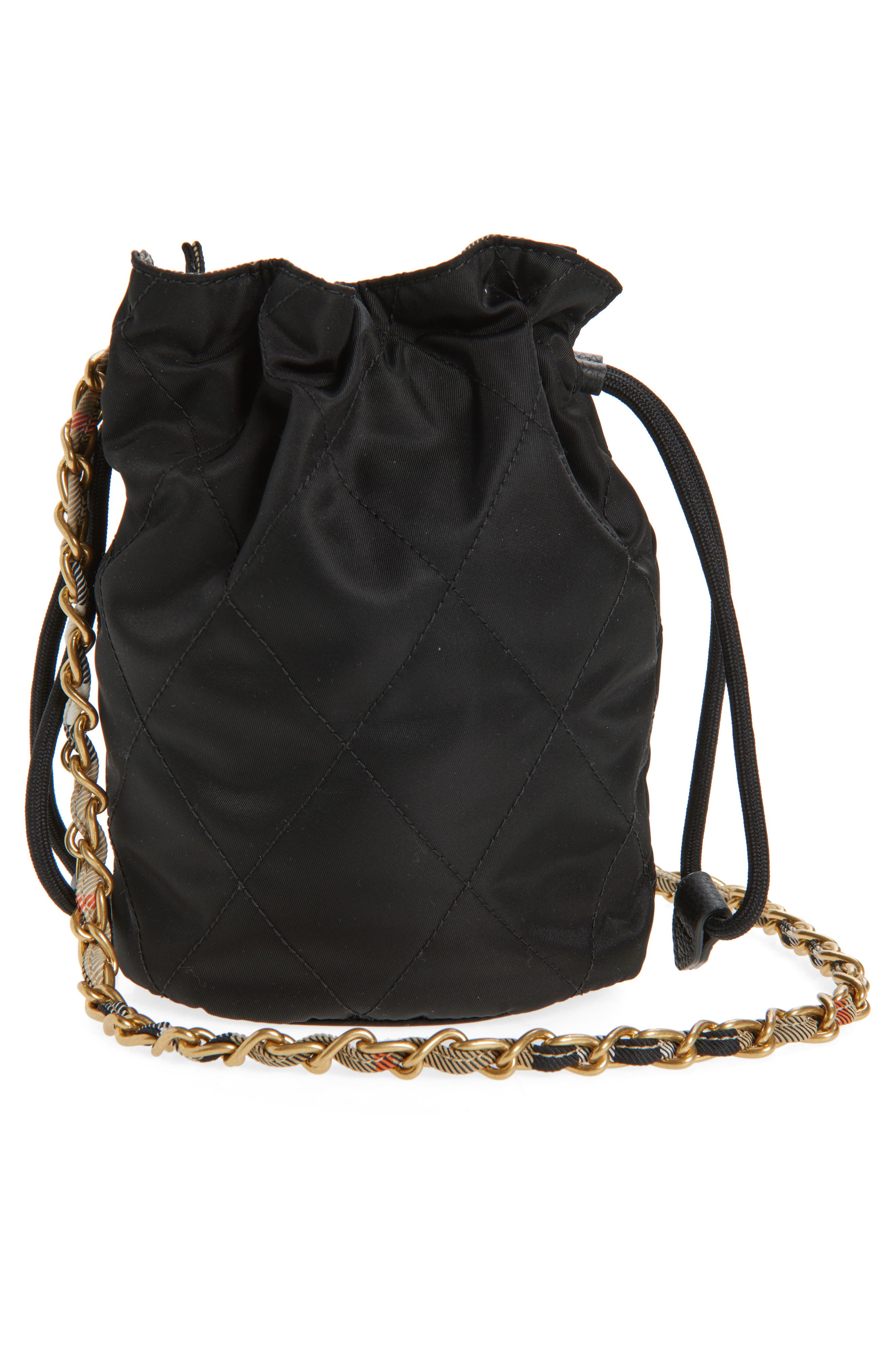 Burberry Horseshoe Quilted Nylon Bucket Bag, Alternate, color, Black