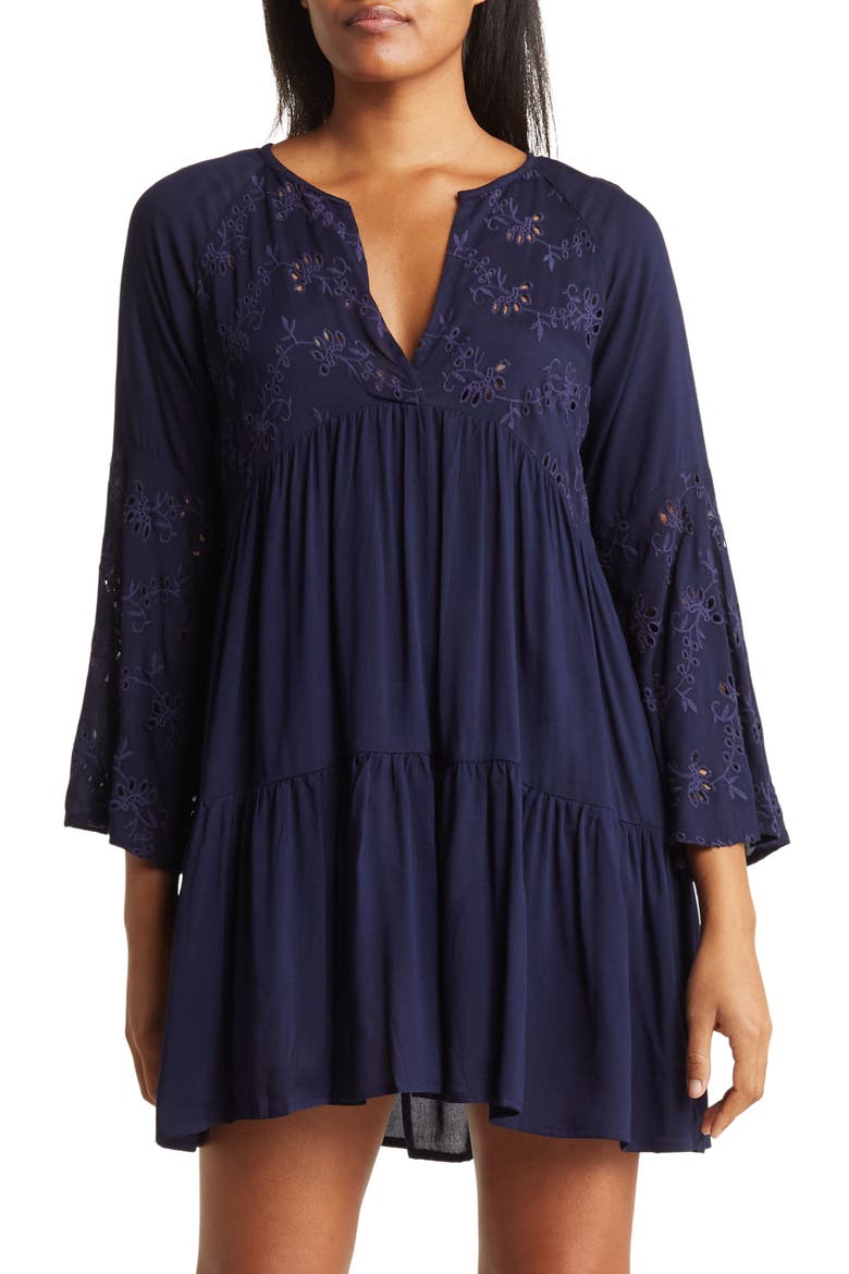 Eyelet Bell Sleeve Tunic, Main, color, NAVY