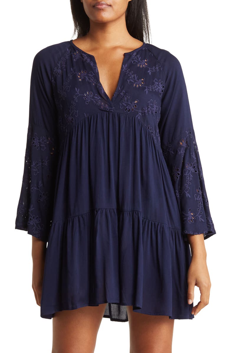 BOHO ME Eyelet Bell Sleeve Tunic, Main, color, Navy