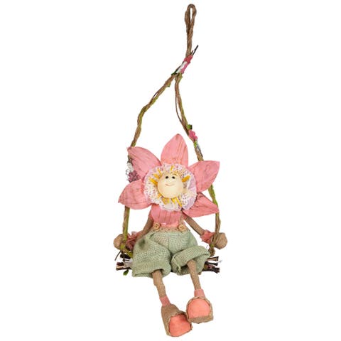 23" Pink, Green And Tan Spring Floral Hanging Sunflower Girl Decorative Figure