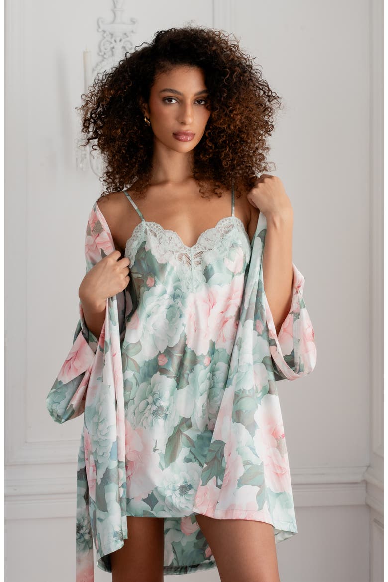 Gracie Lace Trim Satin Chemise, Alternate, color, JADE FROST
