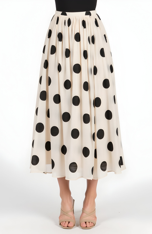 Modenaire Polka Dot Pleated Midi Skirt In White