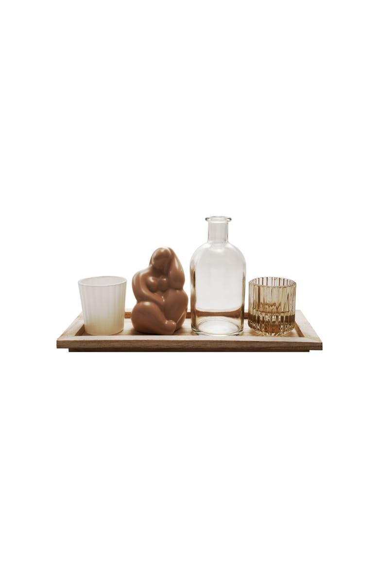 2 Glass Tealight/Votive Holders, 1 Vase and 1 Ceramic Figure on a Paulownia Wood Tray, Natural and Multicolor, Main, color, Brown
