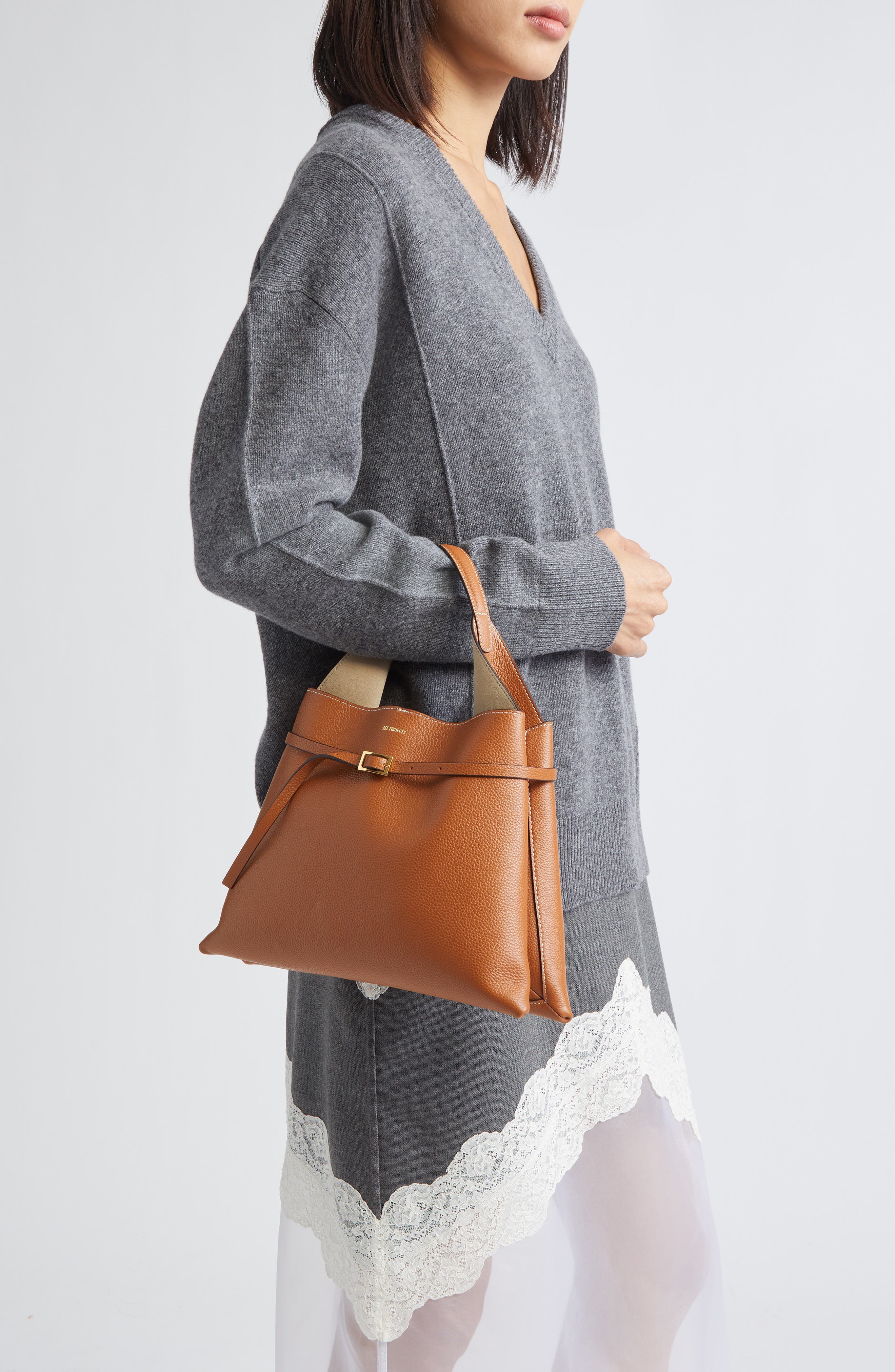 Mini Clare Belted Soft Pebble Grain Leather Tote, Alternate, color, CARAMEL