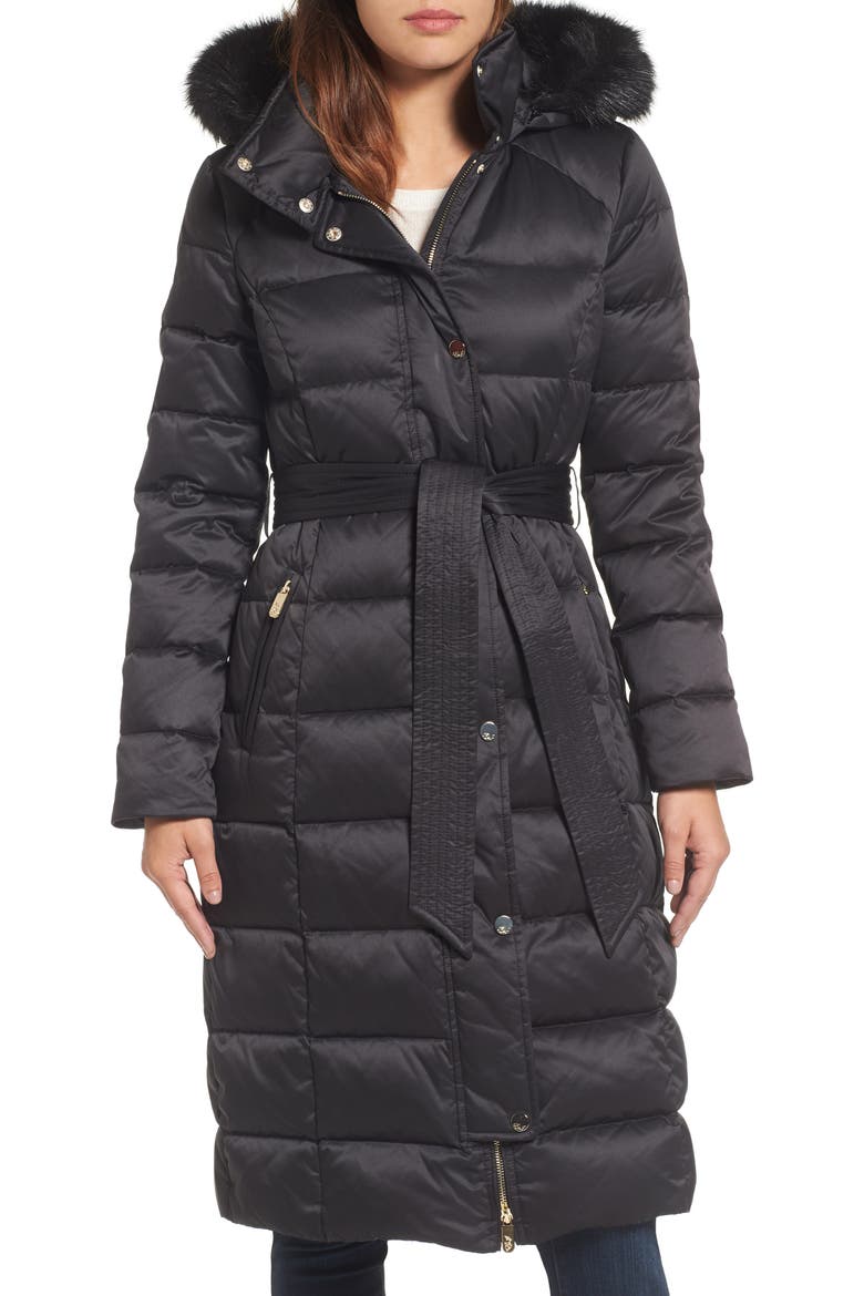 Down Midi Coat with Faux Fur Trim, Main, color, BLACK
