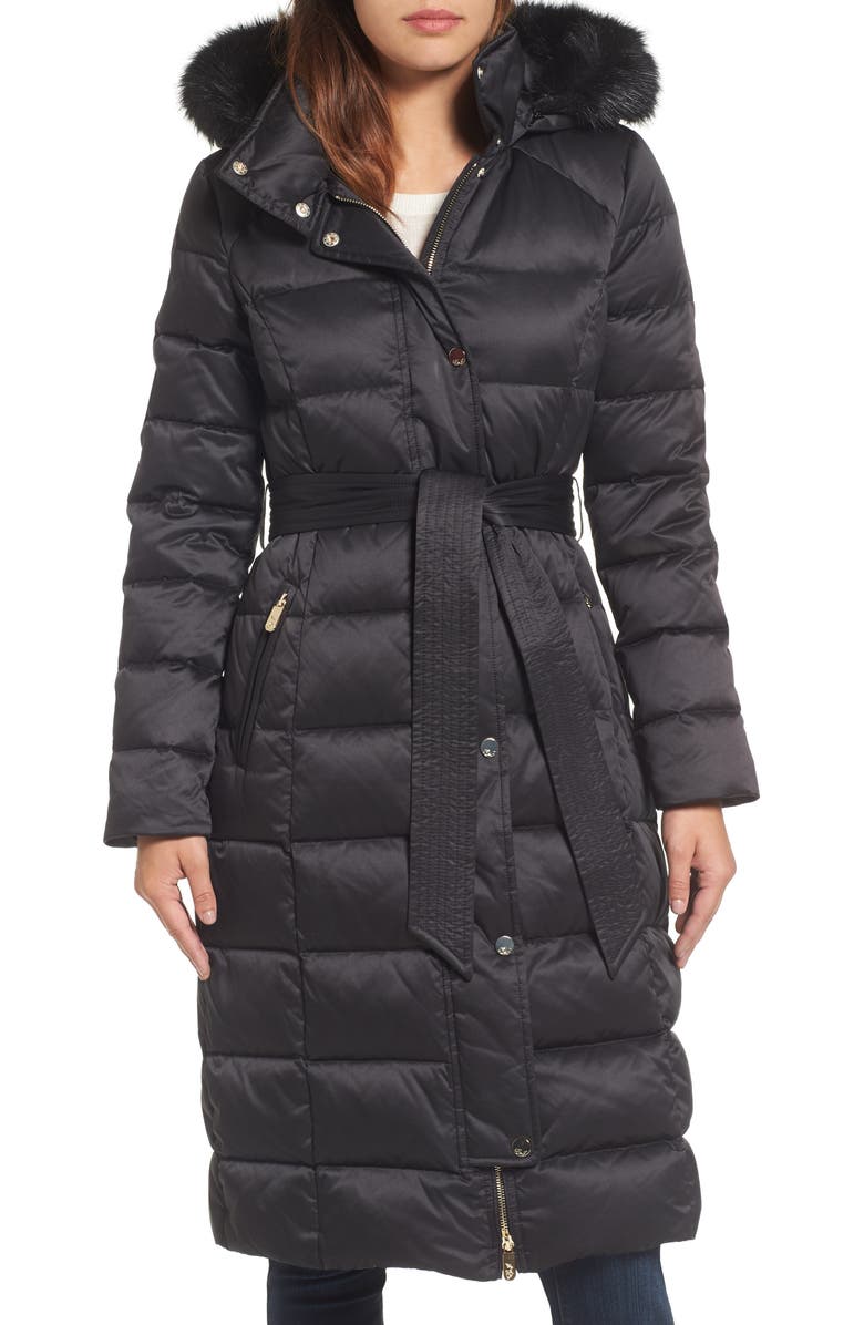 Eliza J Down Midi Coat with Faux Fur Trim, Main, color, 