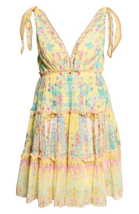 Barcelona Print Tiered Silk Sundress